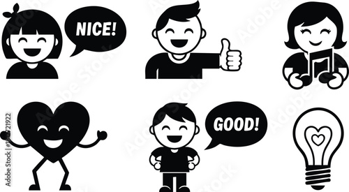 Positive emotions expression icons cheerful people heart light bulb vector illustration