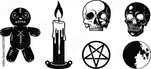 Spooky voodoo doll skull candle pentagram moon black and white vector illustration