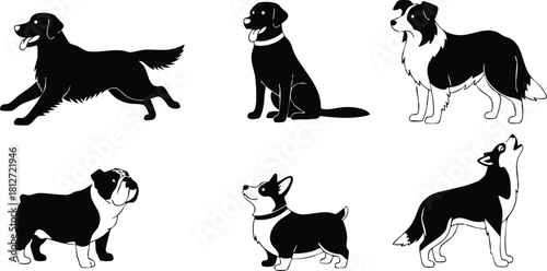 Silhouettes of six different dog breeds running sitting and standing vector illustration