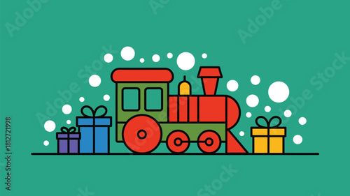 A cartoon train with gifts and snow dots on a green background in a simple graphic style image