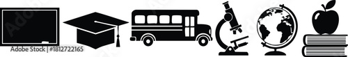 Education icons set with blackboard graduation cap school bus microscope globe apple and books vector illustration