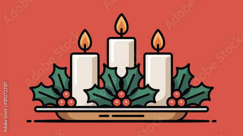 Illustration of three candles with flames and holly leaves on a plate on red background