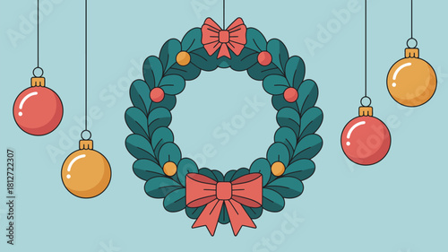 Christmas wreath with red bows and hanging ornaments on a light blue background design art