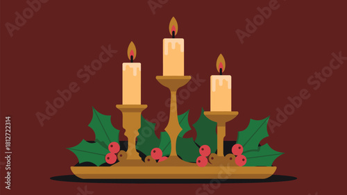 Three candles on golden candle holders with holly and berries on a maroon colored background scene