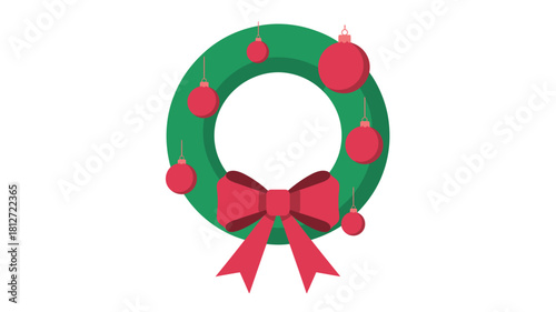 A christmas wreath with green leaves and red ornaments and a bow on a white isolated background