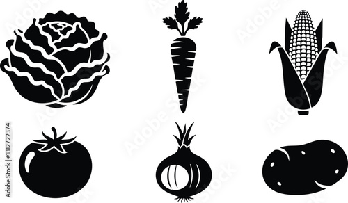 Vegetable icons set cabbage carrot corn tomato onion potato simple black silhouette vector illustration