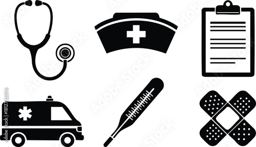 Medical icons set including stethoscope nurse hat clipboard ambulance thermometer and bandages vector illustration