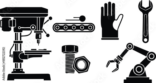 Industrial tools equipment drill press robotic arm wrench glove nut bolt vector illustration