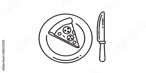 Plate with slice of pizza and knife line icon, cooking food concept. Vector graphics. Pizza sign on white background, style icon mobile or web design.

