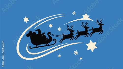 A silhouette of santa in a sleigh pulled by reindeer flying through a starry blue christmas sky
