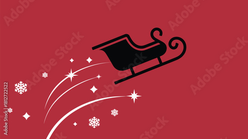 A black silhouette of a christmas sleigh flying among snowflakes and stars on a red background