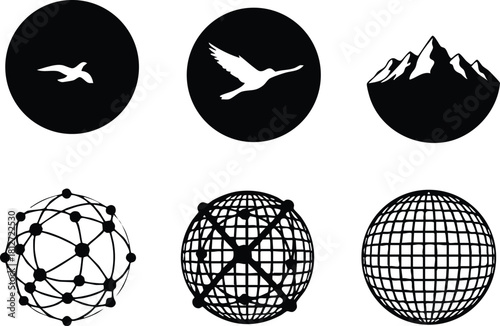 Black and white globe and bird icons set with network and mountain designs vector illustration