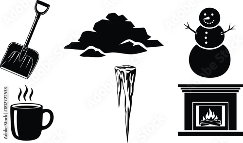 Winter season icons shovel snow pile snowman icicle fireplace warm drink vector illustration