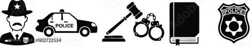 Police officer police car gavel handcuffs law book police badge vector illustration