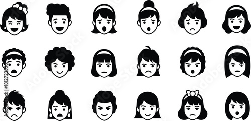 Set of diverse facial expression icons for men and women with different emotions and hairstyles vector illustration