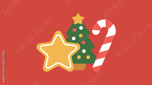 Christmas themed image featuring a star cookie, tree and candy cane on a red background flat lay style