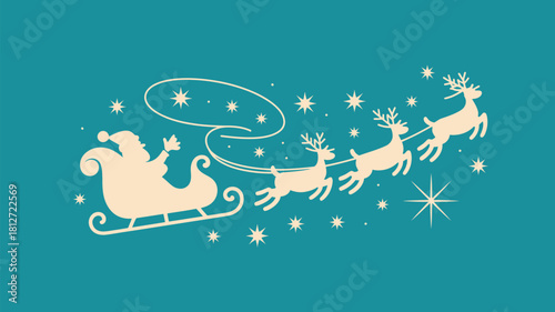 Santa in sleigh with reindeer flying through the stars on a teal christmas background illustration