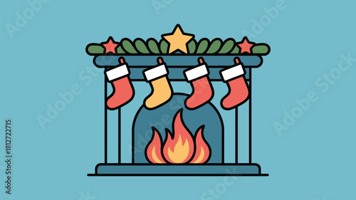 A christmas fireplace with stockings and a star garland against a blue background illustration