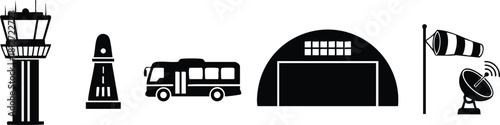 Air traffic control tower fire truck hangar wind sock satellite dish vector icons set