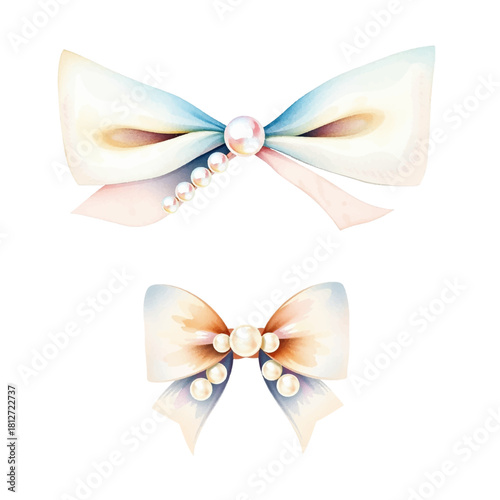 Watercolor pearl bow created in soft coquette aesthetics. Charming pearl ribbon in retro style, cute decorative element for patterns, stickers and feminine designs, isolated, vector.
