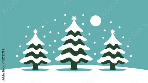 Illustration of three christmas trees with snow and a moon on a blue background design style