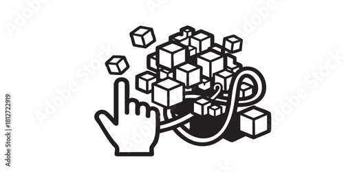 Bulk cubes and hand line icon, crypto metaverse concept. Vector graphics. Content database, asset sign on white background, style icon mobile or web design