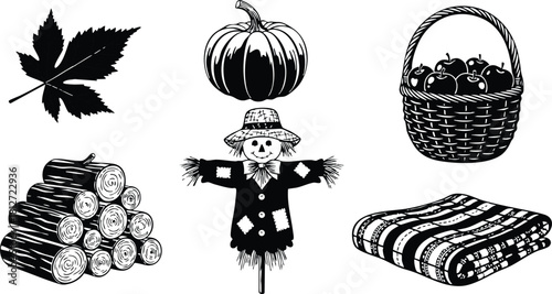 Autumn harvest icons set with leaf pumpkin basket scarecrow logs and blanket vector illustration