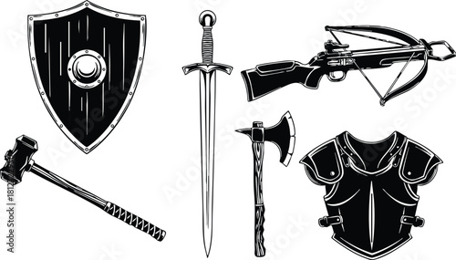 Medieval weapons and armor set sword shield axe crossbow hammer chest plate vector illustration