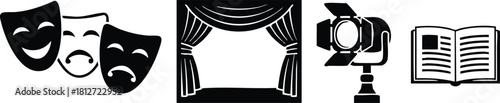 Theatre masks stage curtain spotlight and open book vector illustration