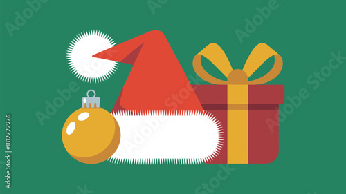 A christmas themed image featuring a santa hat ornament and a wrapped present on a green background
