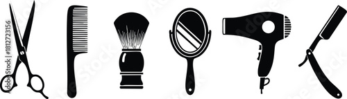 Barbershop tools scissors comb shaving brush mirror hairdryer razor vector illustration