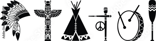 Native American tribal symbols vector illustration with headdress totem tipis peace pipe drum and paddle design