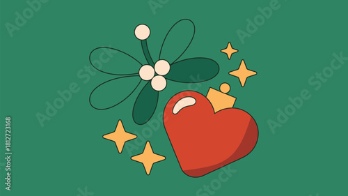 A festive design featuring mistletoe, a heart ornament, and sparkling stars on a green background