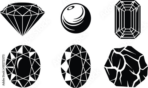 Black and white diamond gemstone shapes vector illustration set with different cuts and facets