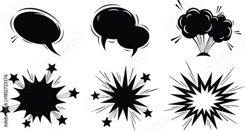 Comic speech bubbles and explosion shapes vector illustration with star elements black style