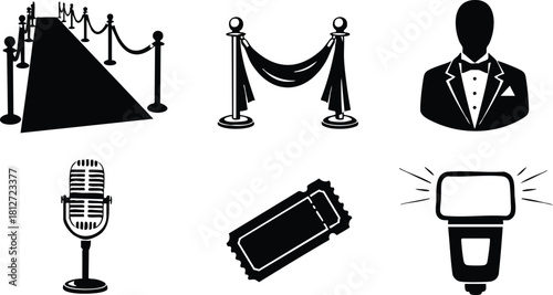 Event entrance red carpet microphone ticket flash photography vector illustration