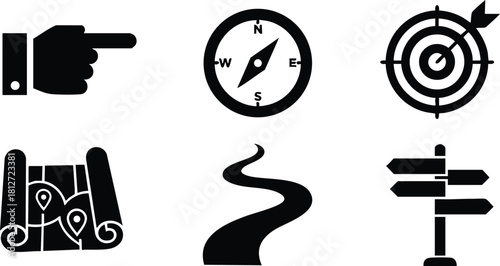 Navigation icons set with pointer compass target map road and signpost vector illustration
