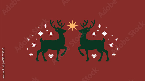 A christmas themed background with two green reindeer facing a star and white snowflakes around them