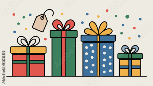 A row of four colorful gift boxes with ribbons and a tag floating above them on a light background