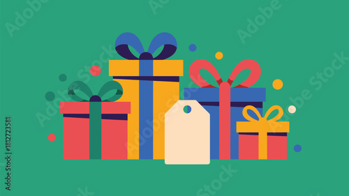 Illustration of assorted gift boxes with ribbons and a tag on a green background design style