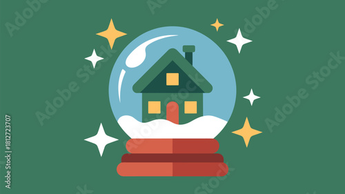 A snow globe with a green house inside and stars around it on a green background flat illustration