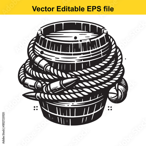 Black and white vector illustration of a barrel with rope