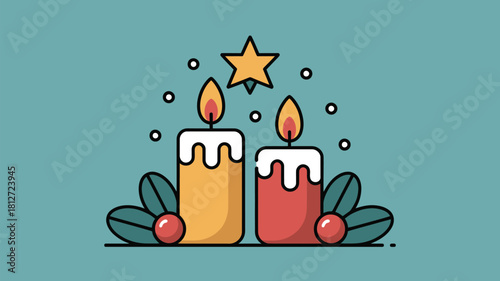 Illustration of two candles with flames, a star, holly leaves, and berries on a blue background