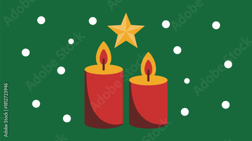 Illustration of two red candles with flames and a gold star on a green background with snow dots