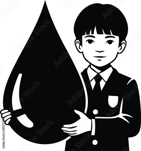 Boy holding large water droplet black and white vector illustration design