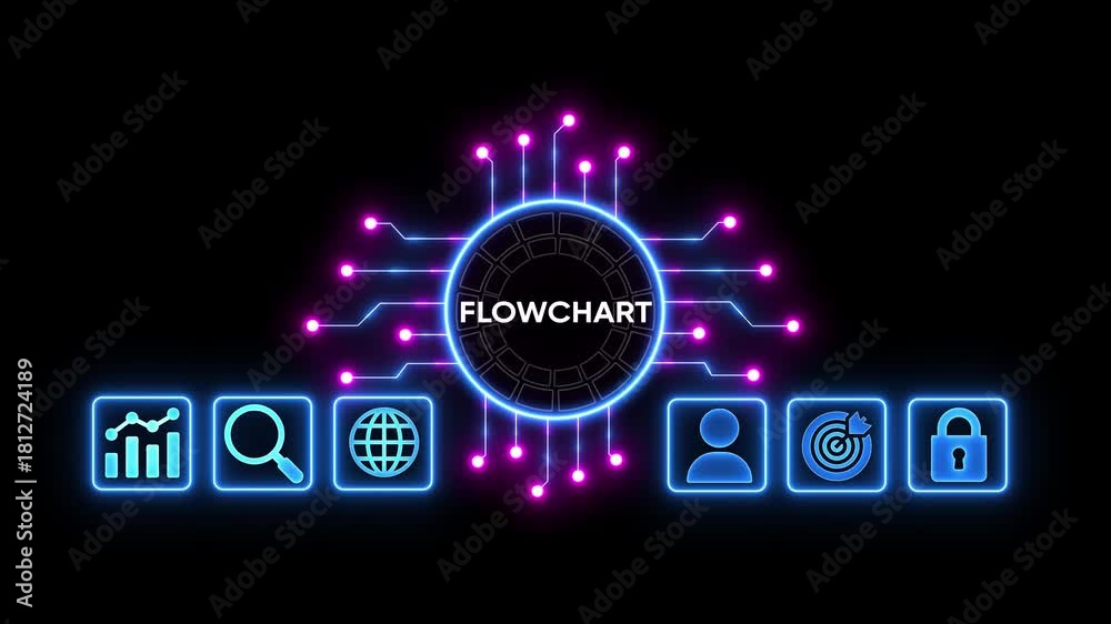 Futuristic neon flowchart diagram with glowing nodes and icons for ...