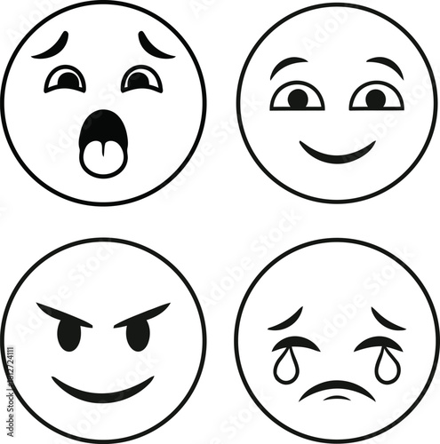 Four simple cartoon emoticons showing different emotions like surprise happiness anger sadness