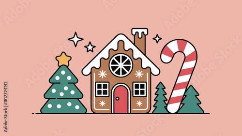 A festive gingerbread house with christmas trees and a candy cane on a pink background illustration