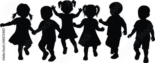 Silhouette of six children holding hands playing together vector illustration
