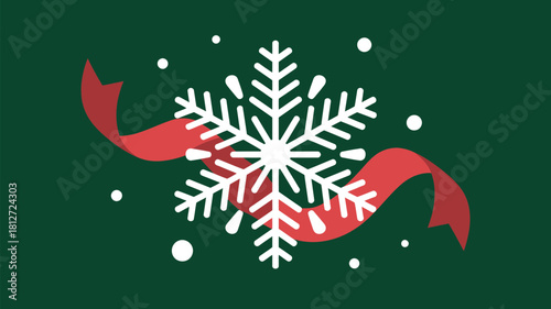 A snowflake with a red ribbon on a green background with white dots scattered around the image view 100